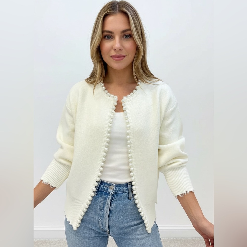 Commense Pearl Trim Ripped Hem Cardigan